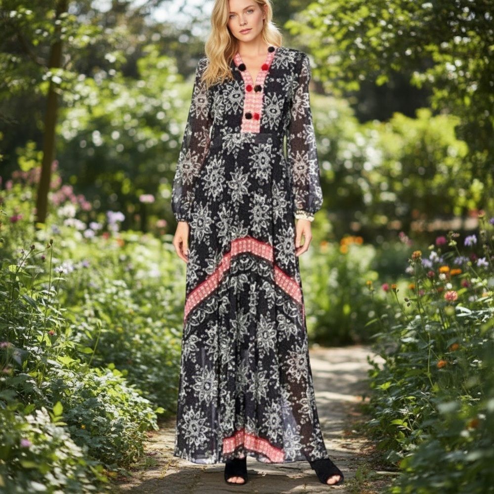 Sheryl Crow Boho Floral‎ Print Maxi Dress with Sheer Sleeves